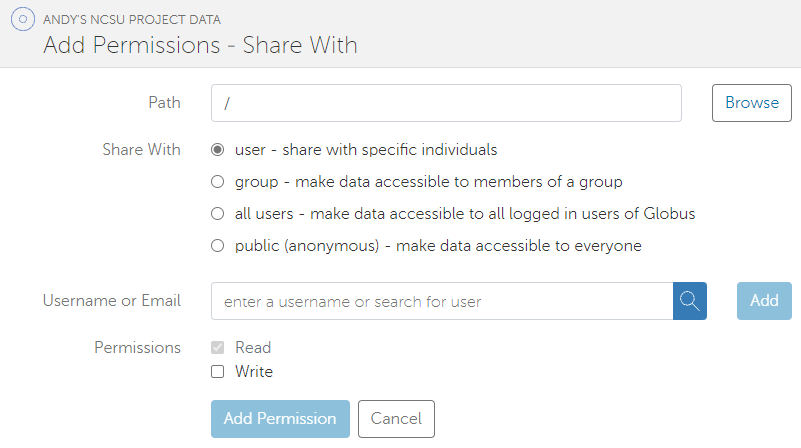Globus Google Drive Add Permissions - Share With form