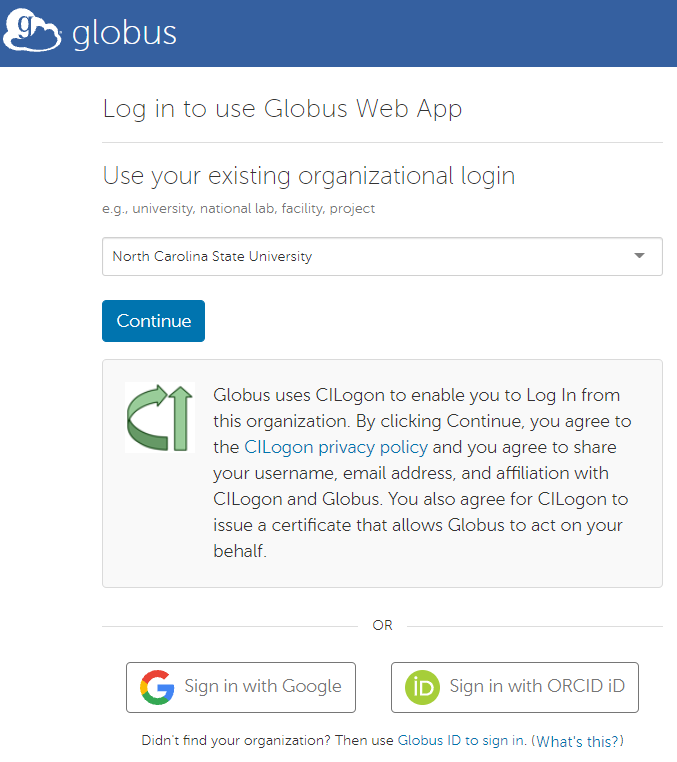 Globus login - select organization