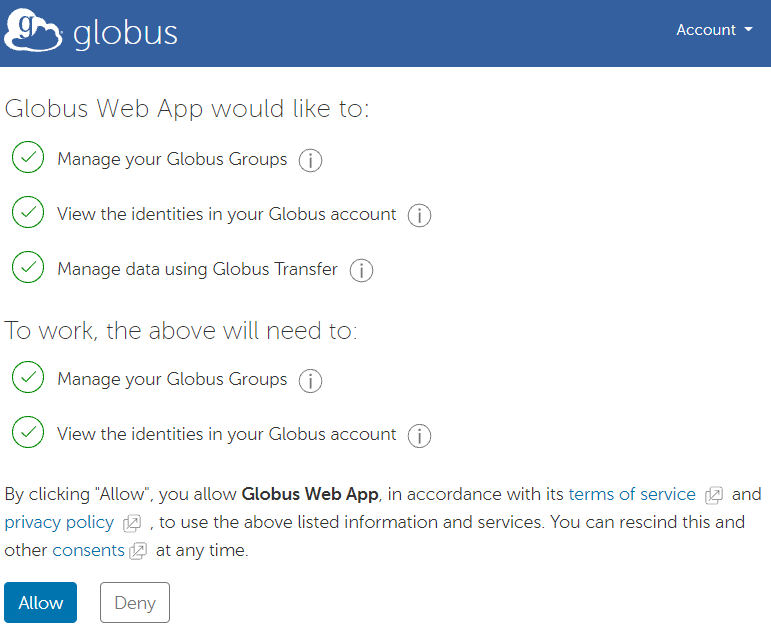 Allow Globus Web App permissions